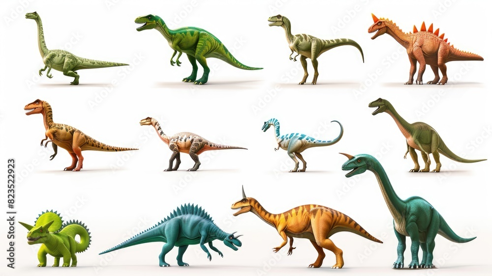 A group of different types of dinosaurs on a white background. Perfect for educational materials
