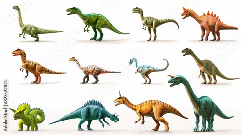 A group of different types of dinosaurs on a white background. Perfect for educational materials