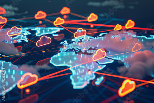 Cloud icons distributed across a global map, connected by high-speed data highways, illustrating the efficiency and performance benefits of cloud-based content delivery networks 