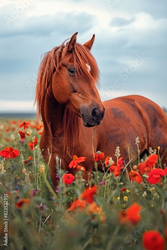 A beautiful brown horse standing in a field of red flowers. Perfect for nature and animal lovers