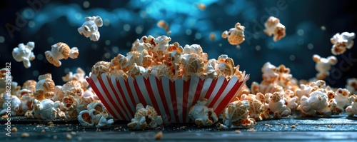 Bursting popcorn out of a striped container on a dark background, showcasing lively and delicious moments perfect for cinema or snack themes. photo