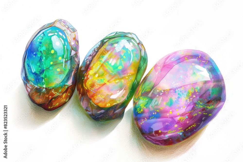 Three colorful rocks on a white surface, suitable for various design projects Three colorful rocks on a white surface, suitable for various design projects