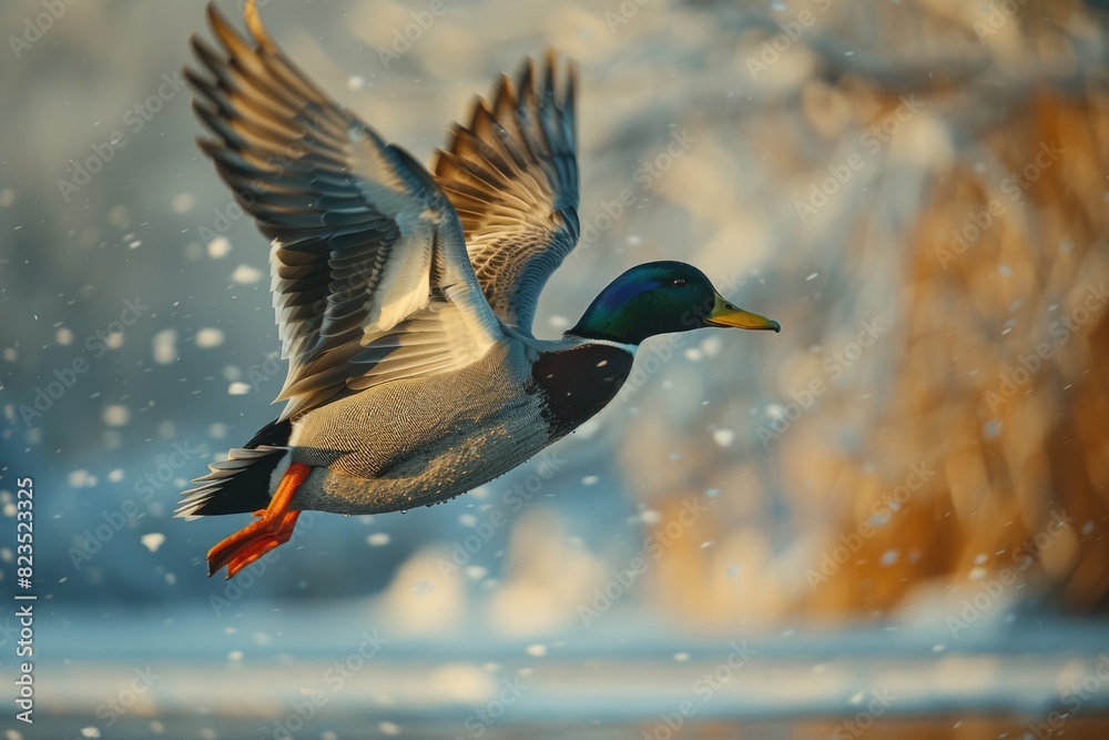 Obraz premium A duck gracefully flying over a serene body of water. Perfect for nature and wildlife themes