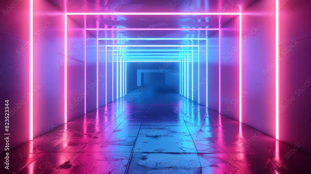 Neon light abstract background. Tunnel or corridor pink blue neon glow lights. Laser lines and LED technology create glow. Cyber club neon light stage room. Data transfer. Fast network 