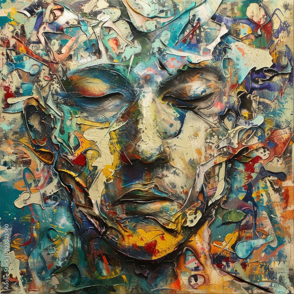 A striking abstract representation of a male face, pieced together with colorful, fragmented shapes and splashes of paint.