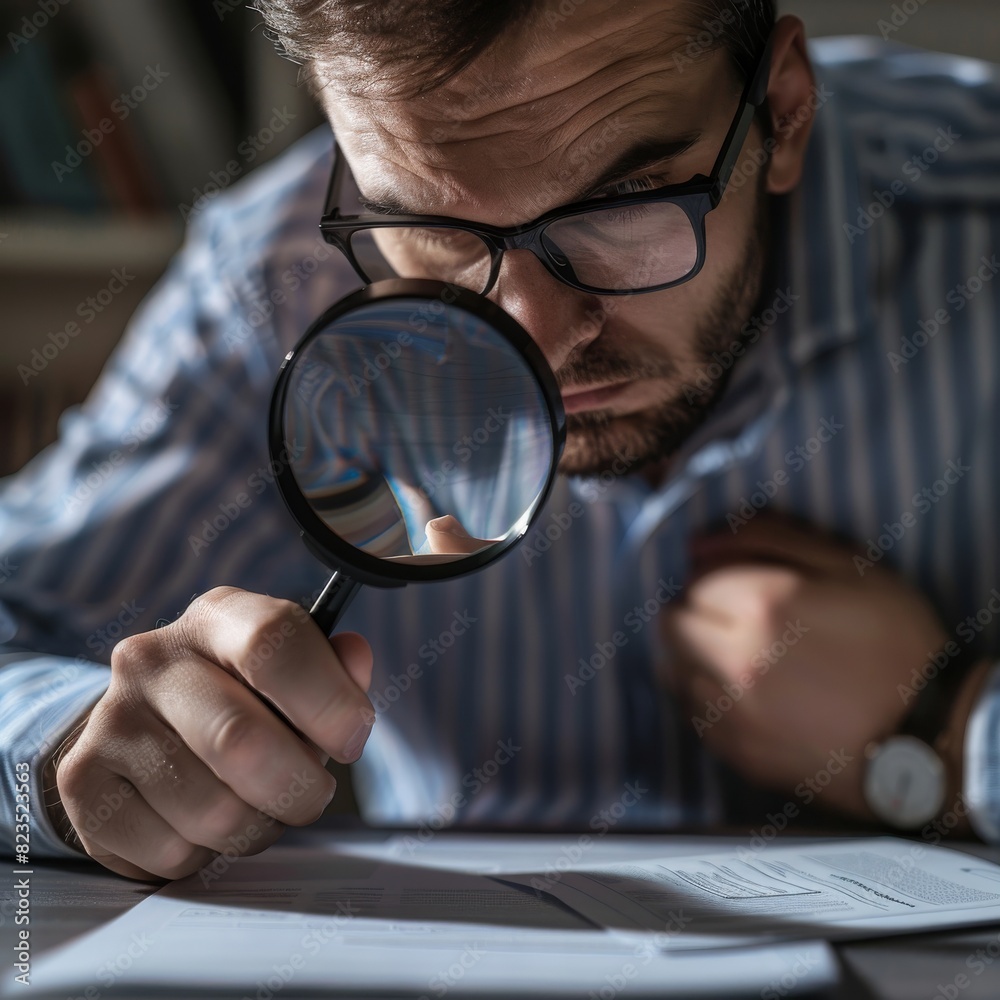 Fototapeta premium Careful documents study, man looking through magnifier, scientific research, searching, investigation