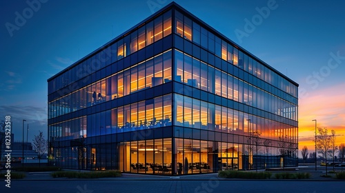 Twilight Scene: Illuminated Cutting-Edge Office Building Against Evening Sky © Sri