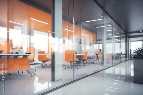 Beautiful blurred background of a modern office interior in gray tones with panoramic windows  glass partitions and orange color accents.