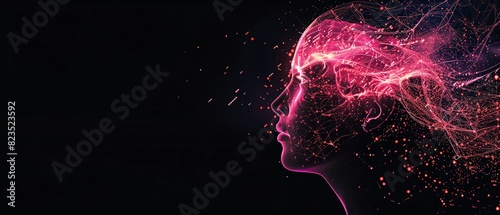 Fuchsia color digital hologram futuristic face neuron link on a neuron connection, Artificial intelligence concept, isolated on black background photo