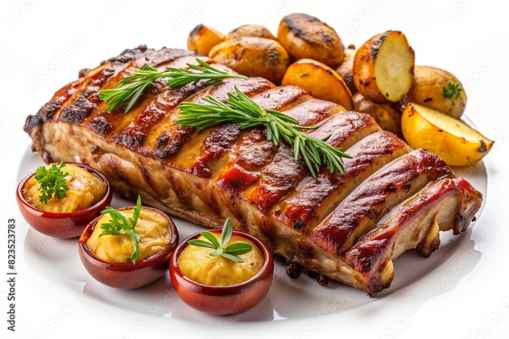 stuffed pork ribs with baked potatoes on a white plate stuffed pork ribs with baked potatoes on a white plate