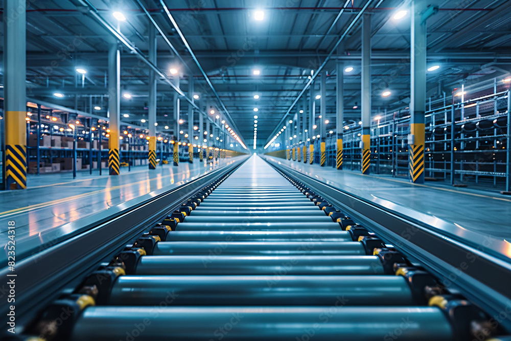High-Tech Automated Conveyor Belt System in Industrial Warehouse, Automated Package Sorting Conveyor, packing and production High-Tech Automated Conveyor Belt System in Industrial Warehouse, Automated Package Sorting Conveyor, packing and production