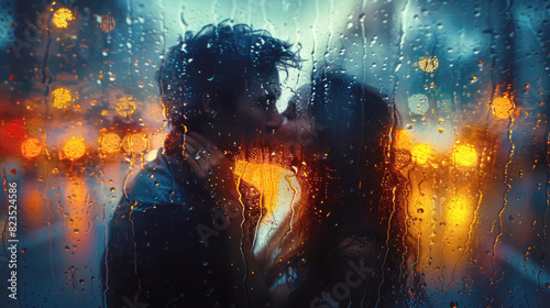 A couple  a man and a woman  kiss outside a window drenched in rain against the backdrop of the evening city. Selective focus. Romance  love  Valentine s day.