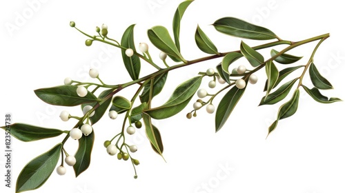 Branch with white berries and green leaves, suitable for nature and botanical themes