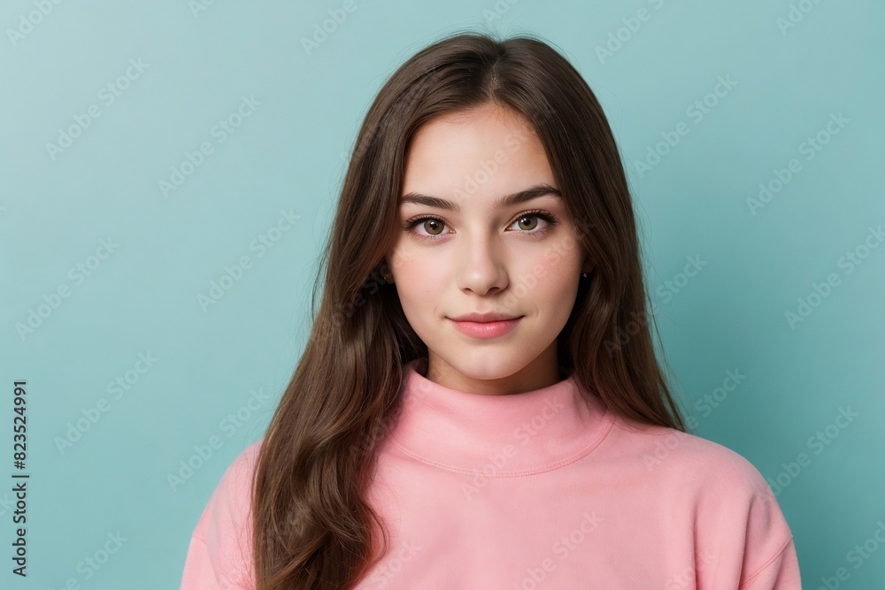 Beautiful young girl wearing a pink pullover, relaxed and looking at the camera with a blue or turquoise background and copy space. Beautiful young girl wearing a pink pullover, relaxed and looking at the camera with a blue or turquoise background and copy space.