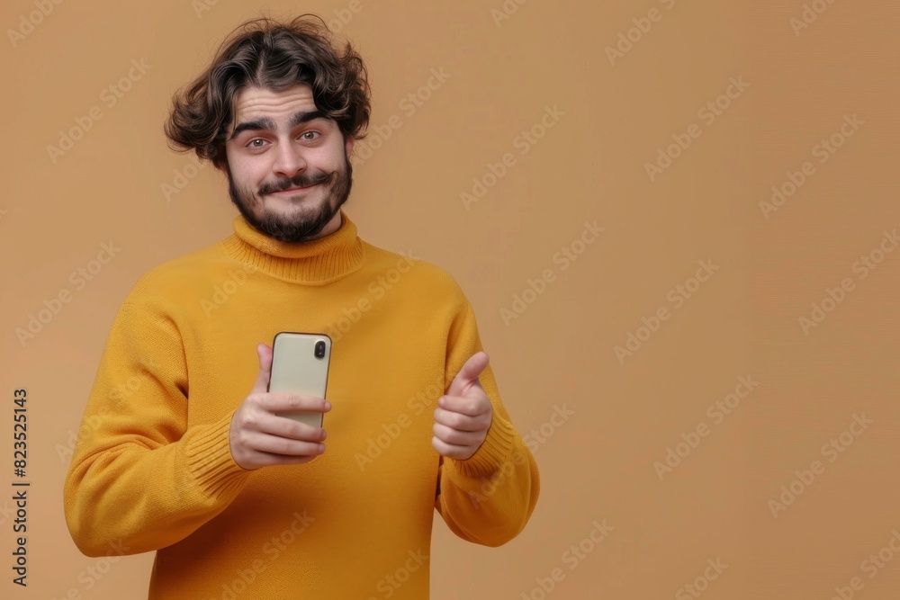 Man showing smartphone, hand pointing banner, clever thought, quote pointing finger on light brown Man showing smartphone, hand pointing banner, clever thought, quote pointing finger on light brown