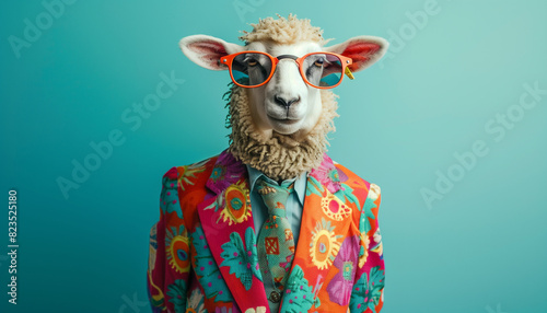 Creative Animal Concept: Sheep in Colorful Suit with Tie and Sunglasses Isolated on Bright Background, Advertisement and Party Invite