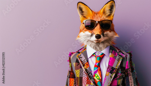 Creative Animal Concept: Fox in Colorful Suit with Tie and Sunglasses Isolated on Bright Background, Advertisement 