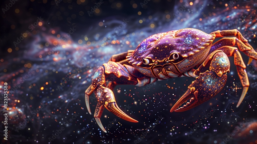 a celestial crab floating amidst a starry night sky, with intricate patterns on its shell reflecting the cosmos a celestial crab floating amidst a starry night sky, with intricate patterns on its shell reflecting the cosmos