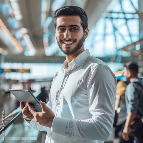 Smiling Eastern Man with Digital Tablet in Airport Terminal, Young Arab Using Tab Computer