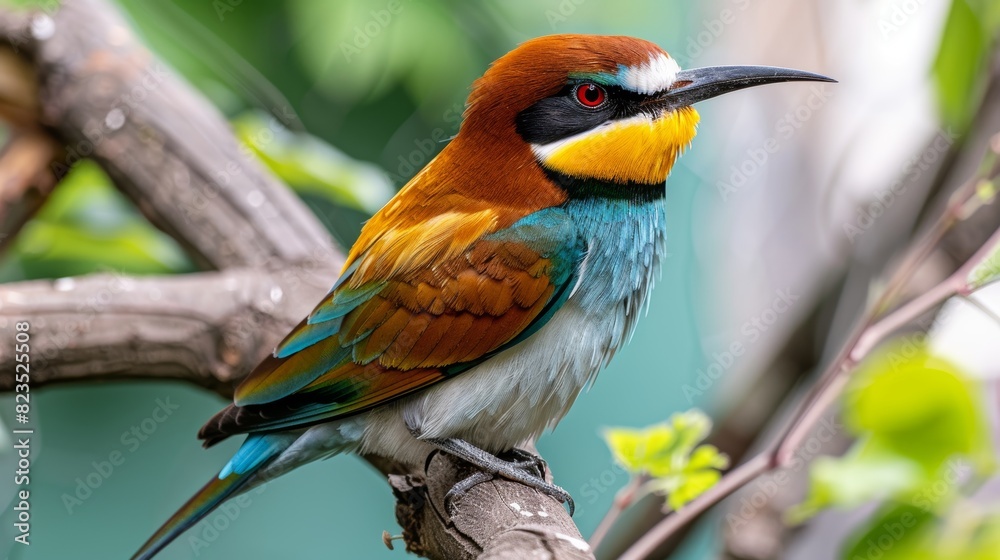 Obraz premium Colorful bird perched on tree branch with lush leafy background and soft blurry backdrop