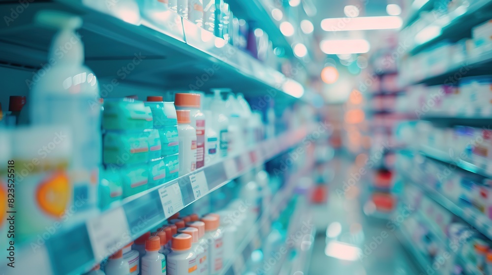 drug store with blurred background on store shelf