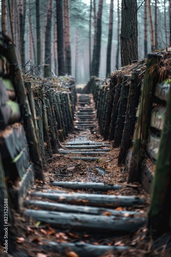 A path in the woods with a bunch of logs. Suitable for outdoor and nature themes