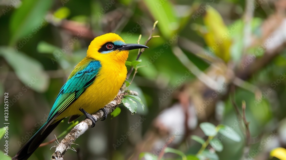 Obraz premium Vibrant bird on tree branch with colorful foliage against soft blurred background