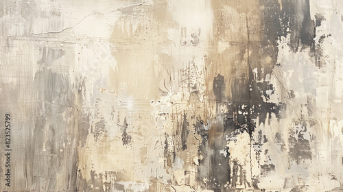 Abstract background, vintage art, minimalist painting consisting of brush strokes grey and beige colors, aged stone surface, plaster wall.