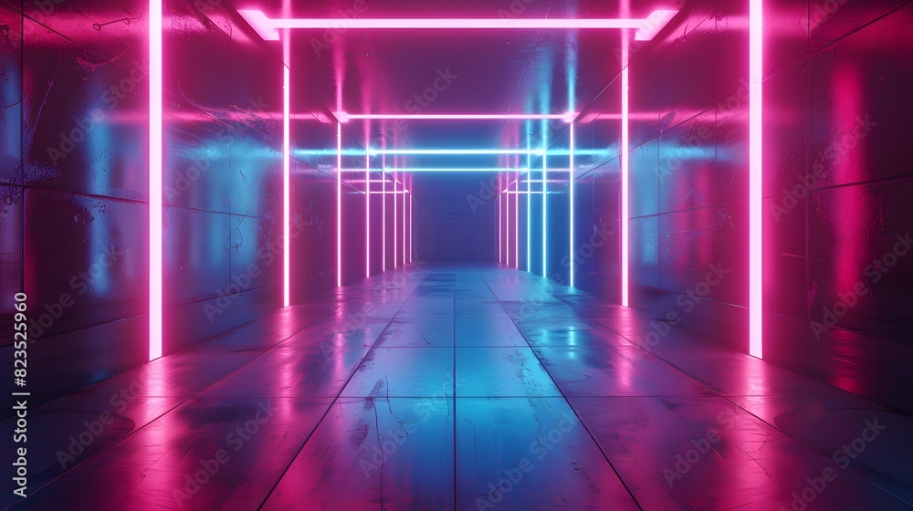 Neon light abstract background. Tunnel or corridor pink blue neon glow lights. Laser lines and LED technology create glow. Cyber club neon light stage room. Data transfer. Fast network Neon light abstract background. Tunnel or corridor pink blue neon glow lights. Laser lines and LED technology create glow. Cyber club neon light stage room. Data transfer. Fast network