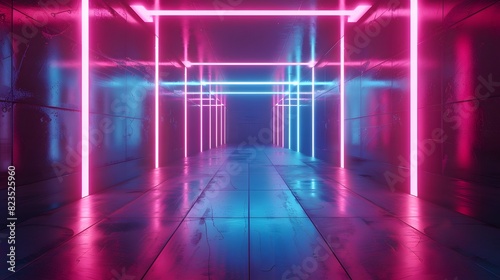 Neon light abstract background. Tunnel or corridor pink blue neon glow lights. Laser lines and LED technology create glow. Cyber club neon light stage room. Data transfer. Fast network 