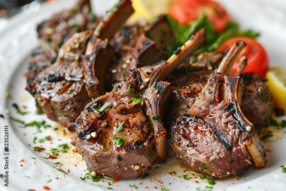 A white plate topped with meat and vegetables. Suitable for food and cooking concepts A white plate topped with meat and vegetables. Suitable for food and cooking concepts