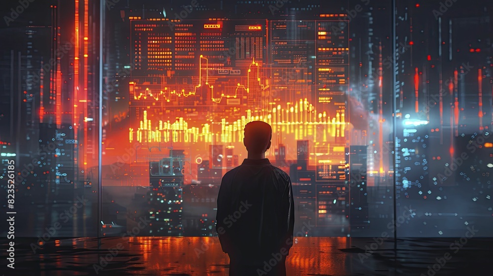 Futuristic digital projections of real estate in a high tech setting, business professional analyzing data. Ideal for real estate technology promos. Futuristic digital projections of real estate in a high tech setting, business professional analyzing data. Ideal for real estate technology promos.