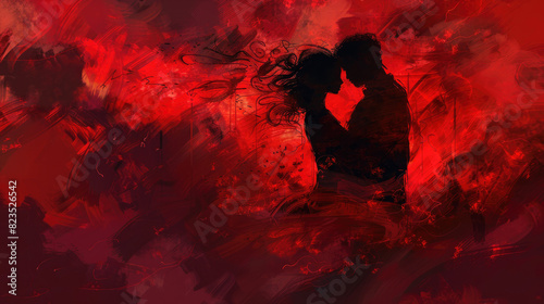 Silhouette of a couple in love, an attractive man and woman hugging each other, ready to kiss. Cover of a book about love, red, illustration for a romance novel.
