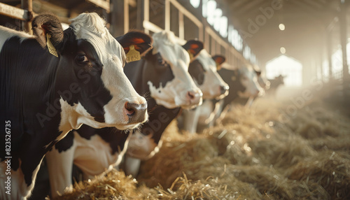 The cows standing in the stalls on a modern farm, livestock industry. Copy space. photo