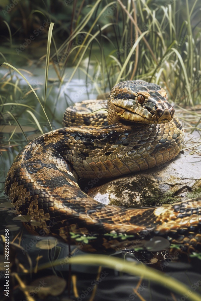 A large snake resting on top of a body of water. Suitable for various nature-themed projects A large snake resting on top of a body of water. Suitable for various nature-themed projects