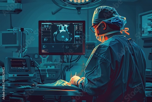 An engaging 2D illustration depicting a surgeon in the middle of a laparoscopic surgery. The scene shows the doctor using specialized instruments inserted through small incisions, with a monitor photo