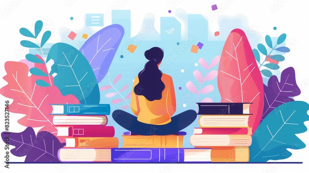 Illustration of a woman reading and meditating amid colorful plants and books, promoting mindfulness, knowledge, and relaxation. Illustration of a woman reading and meditating amid colorful plants and books, promoting mindfulness, knowledge, and relaxation.