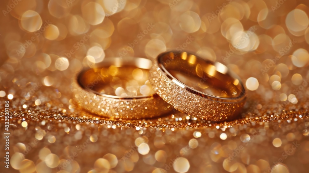 Beautiful closeup of two golden wedding rings with sparkles and bokeh, symbolizing love, commitment, and celebration. Beautiful closeup of two golden wedding rings with sparkles and bokeh, symbolizing love, commitment, and celebration.