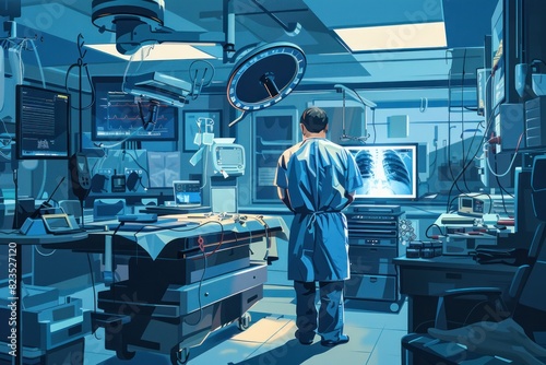 A detailed 2D illustration of a doctor performing orthopedic surgery. The scene shows the doctor meticulously aligning and fixing a broken bone using specialized tools. The operating room is equipped photo