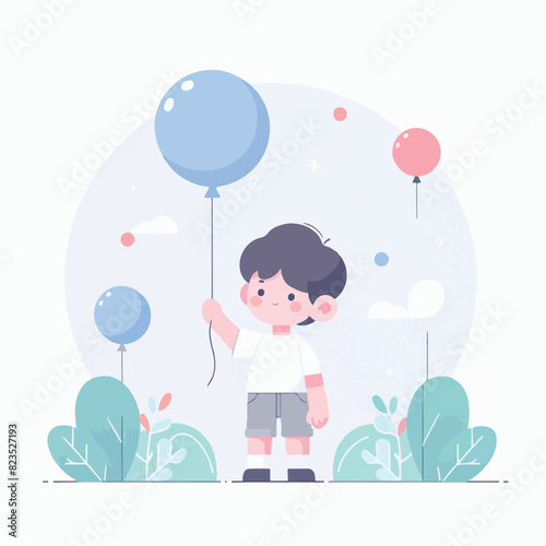 vector kid is carrying a balloon with a flat design style