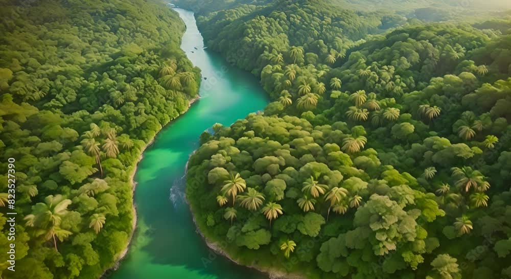 An aerial view of a vibrant tropical river winding through lush, green rainforest, with palm trees dotting the landscape, creating a serene and exotic scene