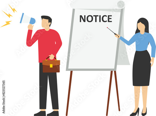 Office person with idea and businessman speaking into megaphone. Woman with business plan flat vector illustration. Notice, Attention concept for banner or landing web page

