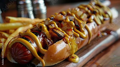 Close-up of a delicious, gourmet hot dog topped with mustard, placed on a wooden board, with a side of crispy fries.