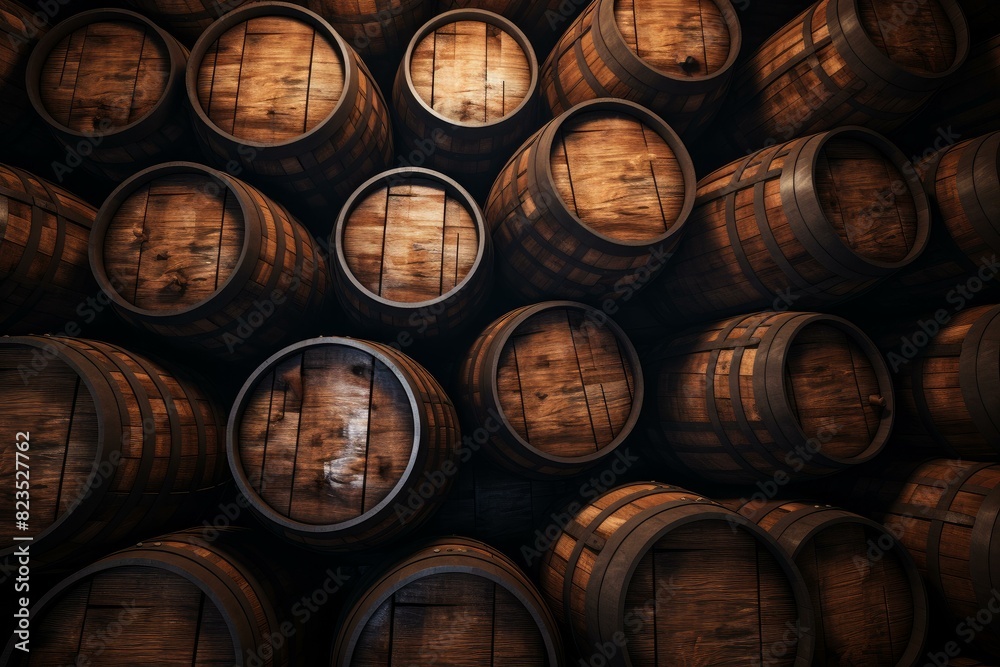 Stack of wooden wine barrels aged to perfection in a dimly lit cellar Stack of wooden wine barrels aged to perfection in a dimly lit cellar