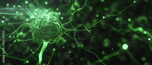 Lime green color digital hologram futuristic brain neuron link on a neuron connection, Artificial intelligence concept, isolated on black background