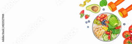 healthy food menu. Diet concept and weight loss. Sport exercise equipment workout. Long banner format. top view