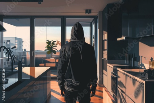 A person wearing a hoodie standing in a modern kitchen. Suitable for lifestyle and casual wear concepts