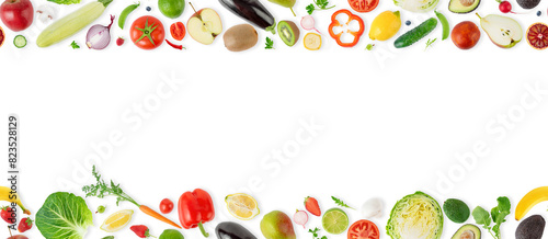 Seamless pattern banner with different fruits, vegetables and berries isolated on white background.
