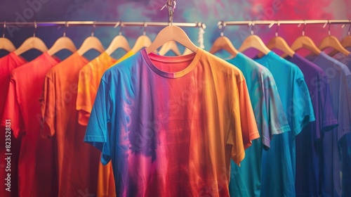 Basic t-shirts of different colors on a hanger in the store close-up, row of colorful shirt rack on clothes hanger, Apparel cloth, Colorful t-shirts on hangers, Rainbow colors