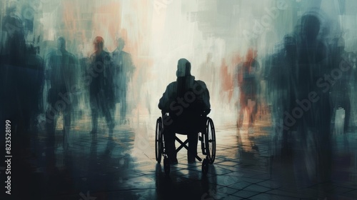 Silhouette of a person in a wheelchair isolated against a blurred backdrop of rushing people, conveying a sense of loneliness and detachment.